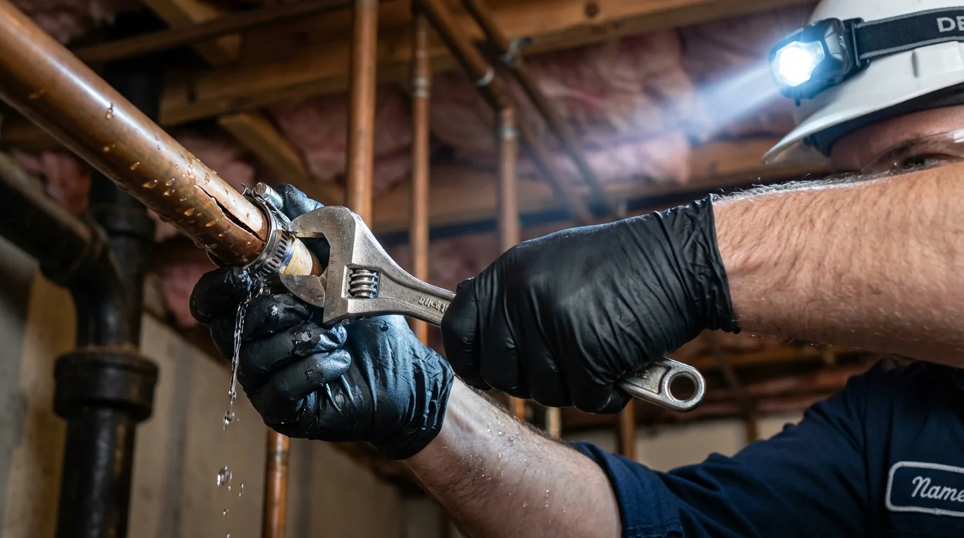 Emergency pipe clamp repair being performed by a Johns Plumbing LLC plumber in Quanah
