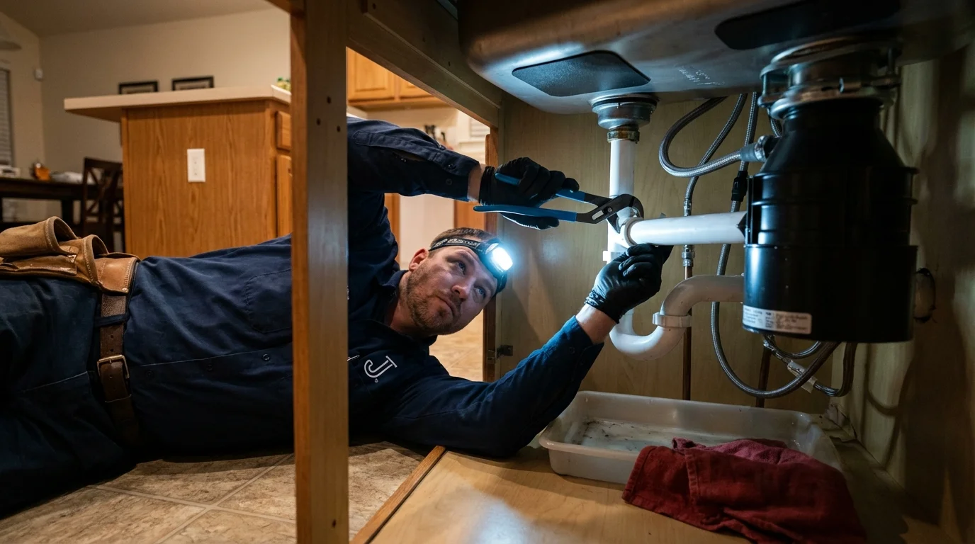 P-trap and supply line connections under a kitchen sink showing a common leak point in Quanah, TX